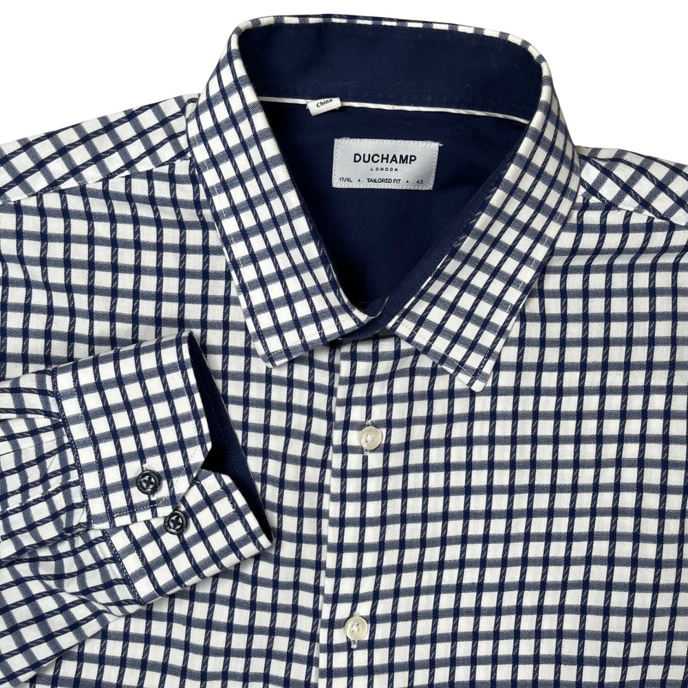 Duchamp London Button Down Shirt Mens XL Navy White Grid Check Tailored Fit
